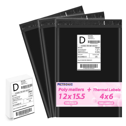 Metronic Poly mailers 12x15.5'' 100pcs with 4x6 Thermal Labels 100 Labels, Strong Adhensive Shipping Bags for Clothing,Waterproof Shipping Envelopes Mailing Bags for Small Business,Black