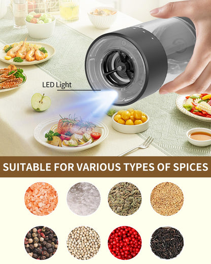 CIRCLE JOY Electric Salt and Pepper Grinder Set Rechargeable Pepper Mill Grinders with Charging Base, External Adjustable Coarseness, 95ml Container and White LED Light, Black