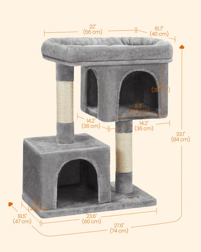 Feandrea Cat Tree, 84 cm Tower, L, Perch Condo for Large Cats up to 7 kg, 2 Caves, Scratching Post, Light Grey PCT61W