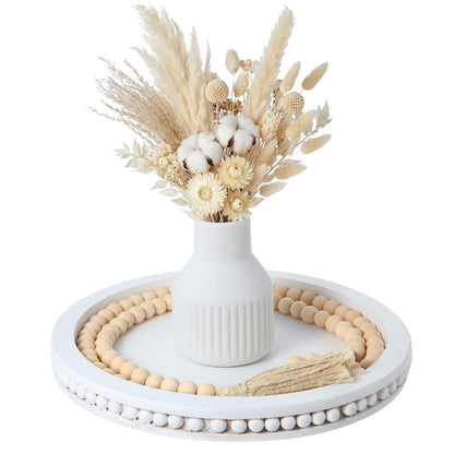 Tiangrid 3 Pieces Rustic Country Style Tabletop Centerpieces, Bohemian Style Ceramic Vase with Wooden Tray, Wooden Bead Garland, Tassel Table Stand for Home Decoration