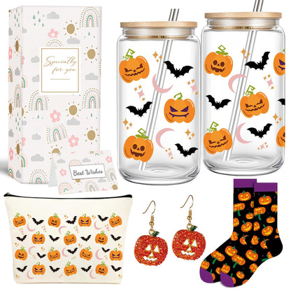 Halloween Gifts for Women 16oz Pumpkin Bat Coffee Glass Cup with Lid & Straw, Boo Basket Stuffers Fall Themed Gifts for Her, Sister, Friend