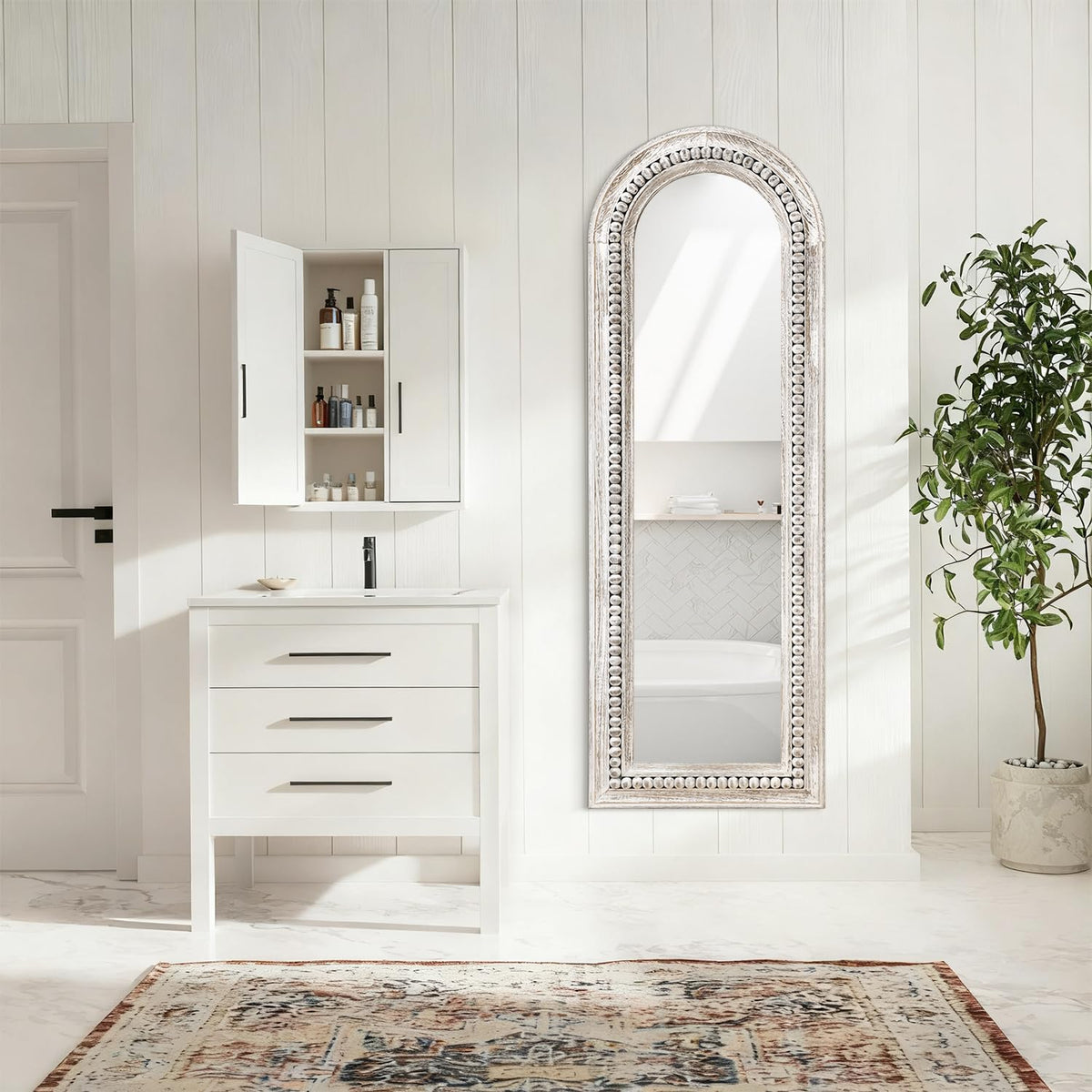 MWAZZLL Wall Mirror Full Length with Beaded Framed Arch Rustic Wood Floor Mirrors Decrorative Large 47"x16" for Bedroom Bathroom Living Room Entryway Dressing Room White