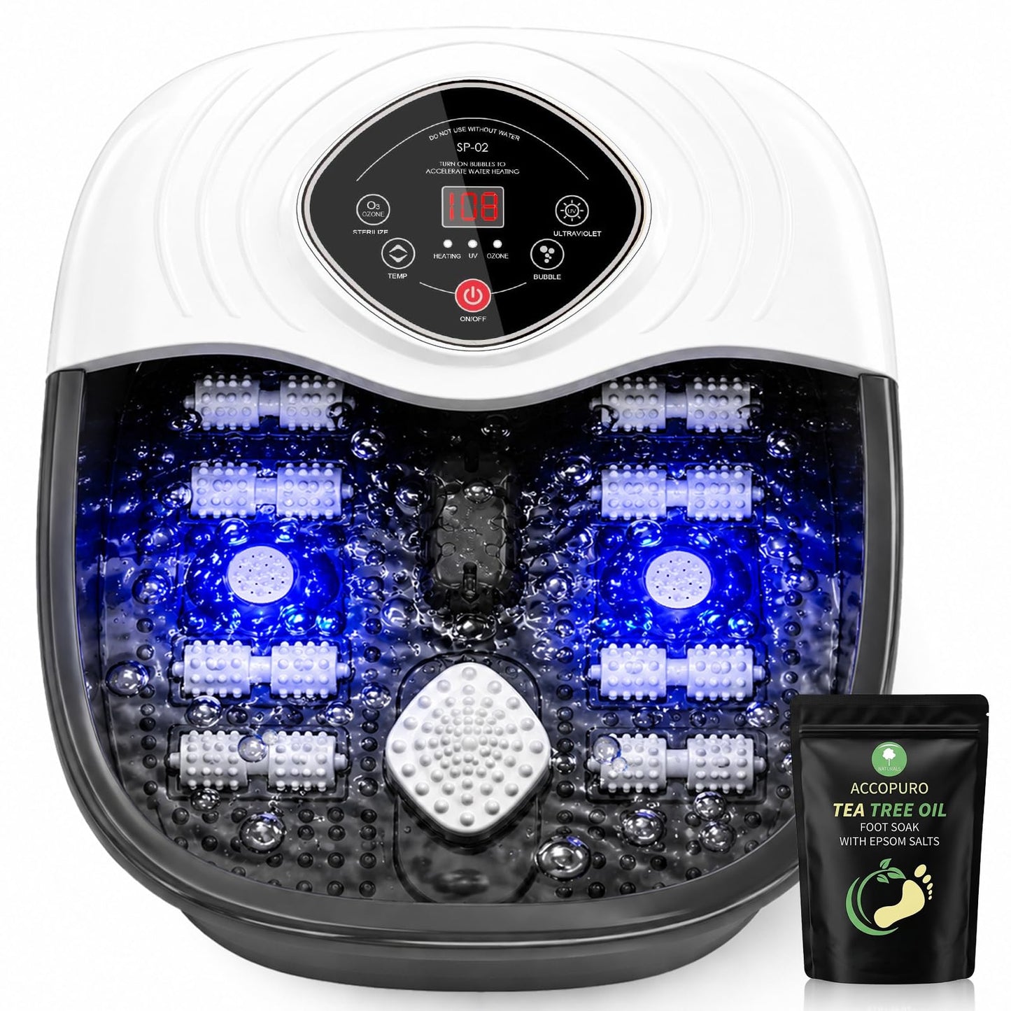 ACCOPURO Foot Spa Bath Massager with Heat, UV Ozone & Oxygen Bubbles, Shiatsu Rollers Epsom Salt Temperature Control, Relieves Stress and Feet Pain - Home Pedicure Soaking Tub Gift for Women/Men