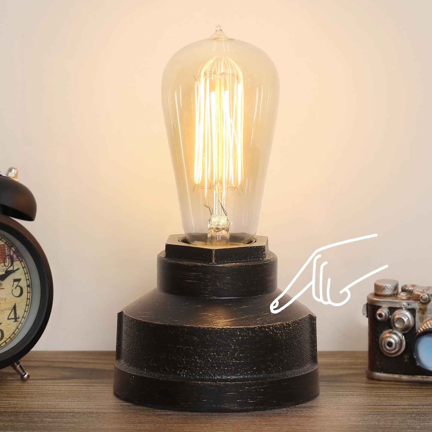 Boncoo Small Touch Control Table Lamp Base, Industrial Touch Light Vintage Edison Bulb Base, Dimmable Bedside Nightstand Accent Light for Living Room Bedroom, Antique Steampunk Style