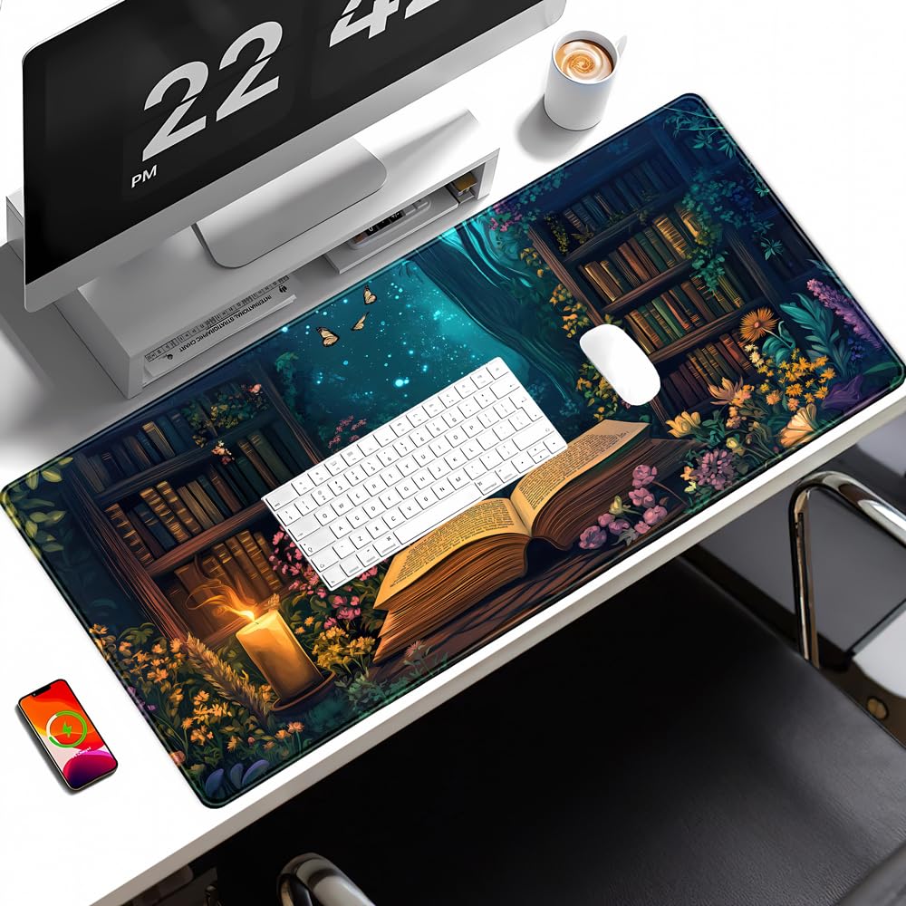 Gothic Desk Mat Gaming Desk Pad Blue Forest Large Mouse Pad, Mysterious Library Mouse Mat XXL Laptop Keyboard Pad, Vintage Gamer Mouse Pad Full Mousepads for School Office Home 31.5"x15.7"