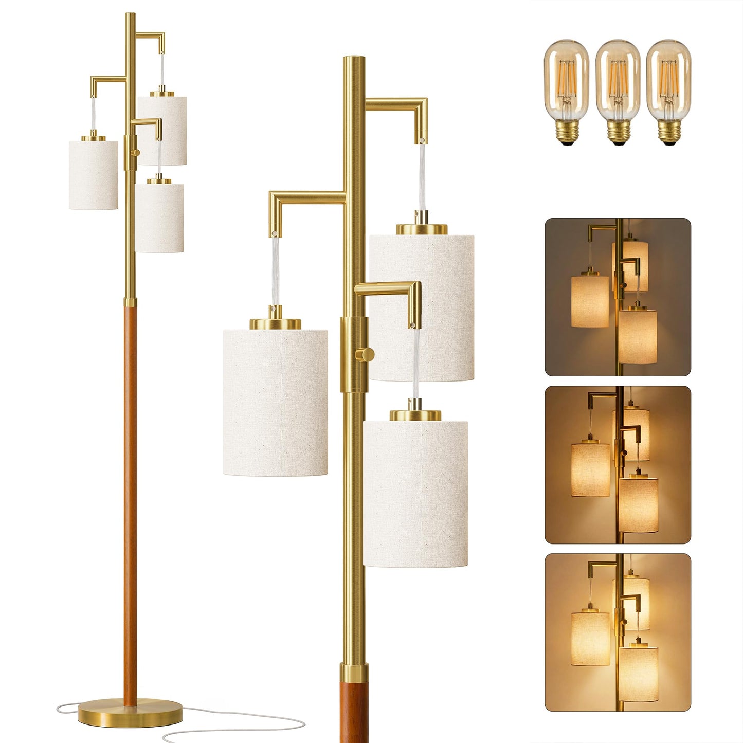 G-SAFAVA 70" Wood Floor Lamp Dimmable Floor Lamps for Living Room Bedroom Mid Century Modern Floor Lamp Gold Standing Lamp Tall Lamps for Office Nursery Reading Elegant Stand Up Lamp, 3 Bulbs Included