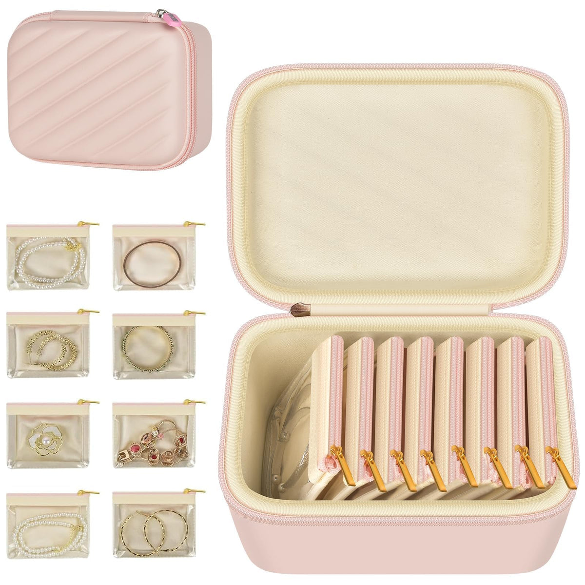 GWCASE Travel Jewelry Case with 8 Clear Tangle-Free Velvet Pouches, Large Capacity Jewelry Organizer Bag with Extra Space for Ring Box Watch, Waterproof PU Leather Pink Box for Women, Long Trips
