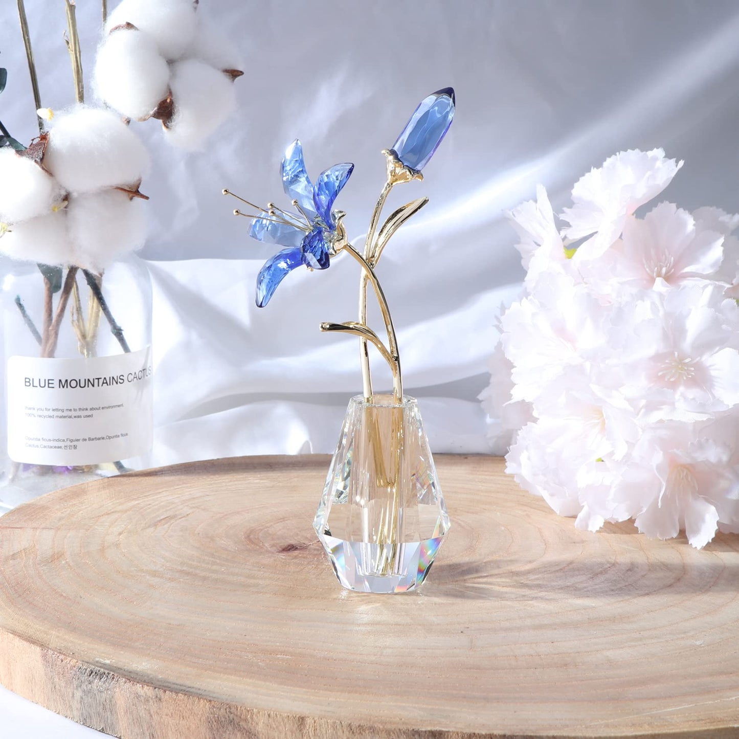 Movdyka Crystal Lily Flower Figurine with Stems, Handmade Collectible Statue for Decoration Mothers Day, Centerpiece, Day, Bridal Shower Gift Pink
