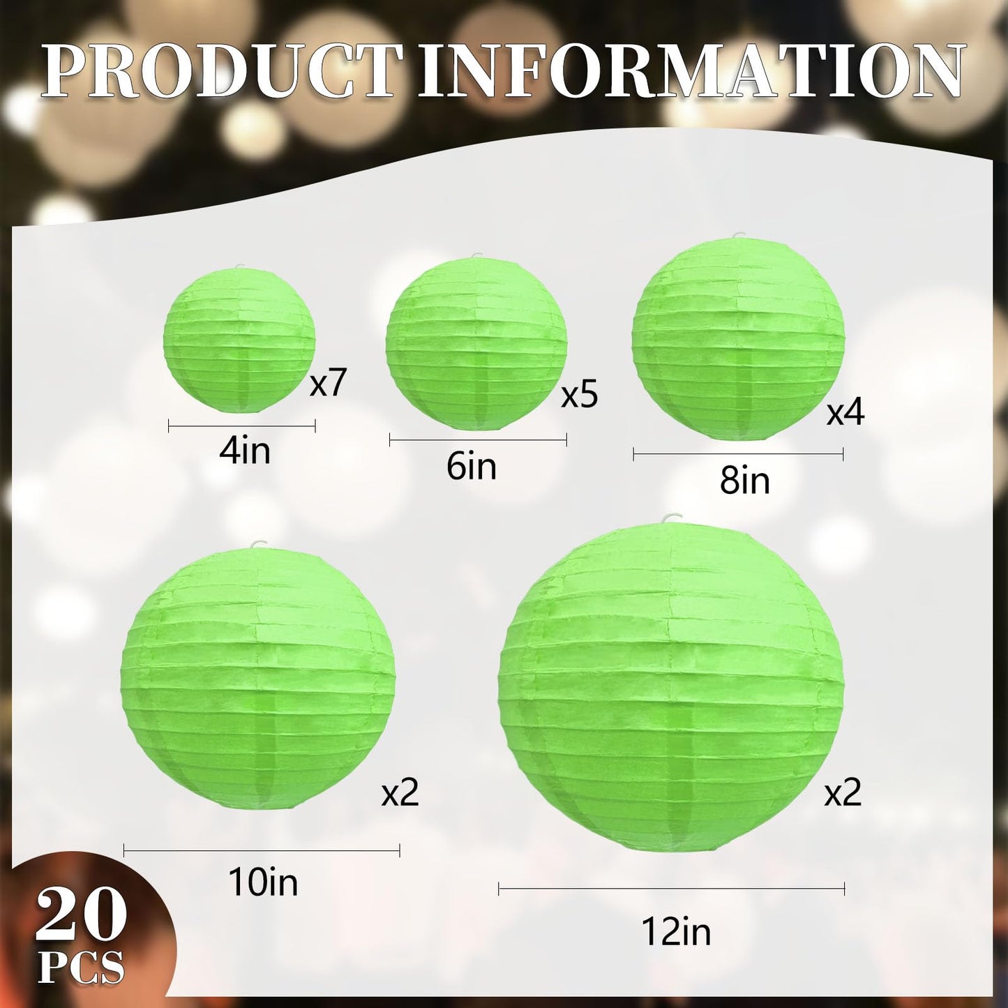20Pcs Green Paper Lanterns for Parties, 6” 8” 10” 12” Chinese Asian Hanging Round Paper Lanterns for Birthday Wedding Halloween Christmas Home Decor Party Decor