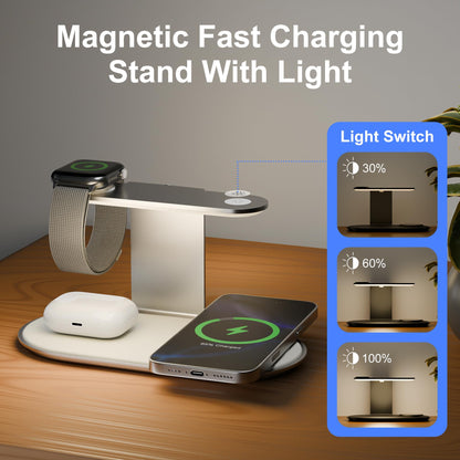 4-in-1 for Magsafe Wireless Charging: 15W Qi Magnetic Fast Charger Station Pad with Night Light for iPhone 17 16 15 14 13 12 Pro Max-for Apple Watch and AirPods Series-Desk Nightstand Bedside, Silver