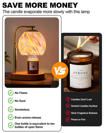 WangshengLe Stained Glass Candle Warmer Lamp Adjustable Height, 7-Level Dimmable Brightness with 2/4/8H Timer, Candle Warmer Light with 2 Bulbs for Women Mom Scented Jar Candles - Gold