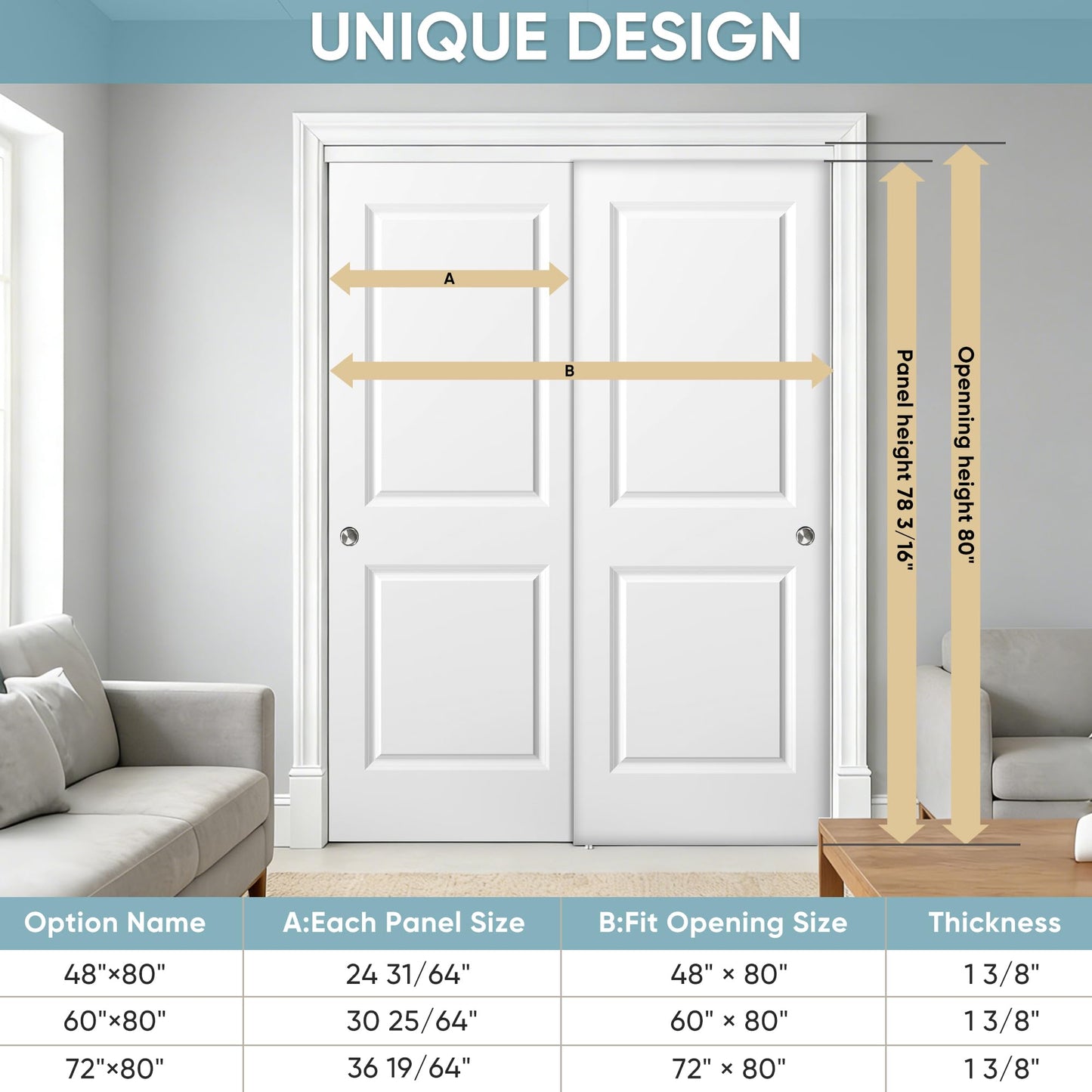 JUBEST 72x80 in Sliding Closet Door, Raised 2-Panel Square Top White Primed Hollow Core Door Slab with Hardware Kits & Matching Fascia, Pre-drilled & Paintable, Space-Saving for Bedroom Laundry
