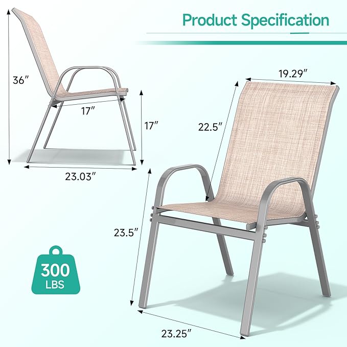 Patio Chairs Set of 6, Easily Set Up Stackable Outdoor Dining Chairs with High Back and Wide Seat, All Weather Breathable Outdoor Chairs Set of 6 with Metal Frame for Backyard Deck Pool, Beige