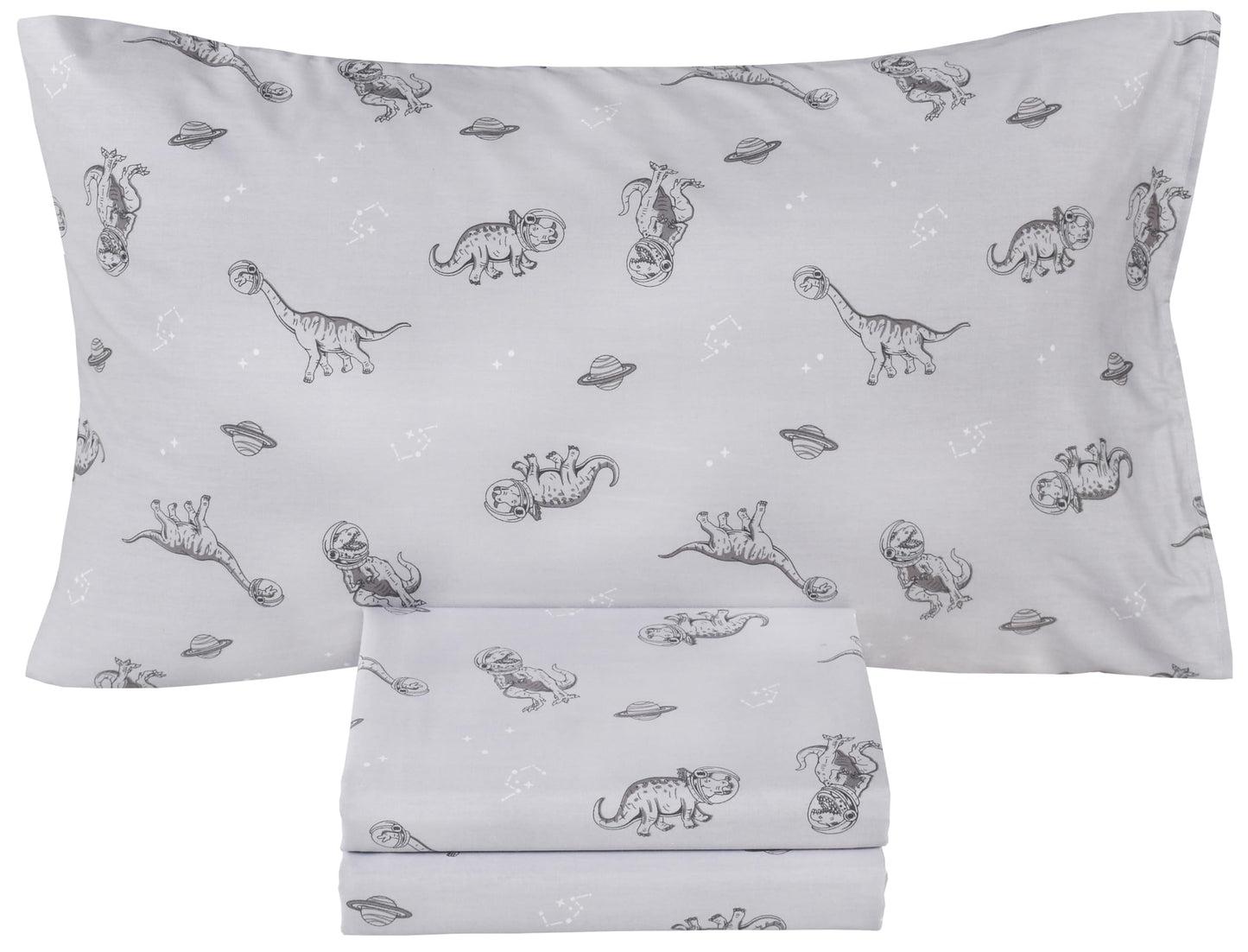Scientific Sleep Gray Dinosaur Space Walk Universe Travel 100% Cotton 3 Pcs Twin Bed Sheet Set Kids Toddler Teen, Flat Sheet & Fitted Sheet & Pillowcase Kids Bedding Set Twin