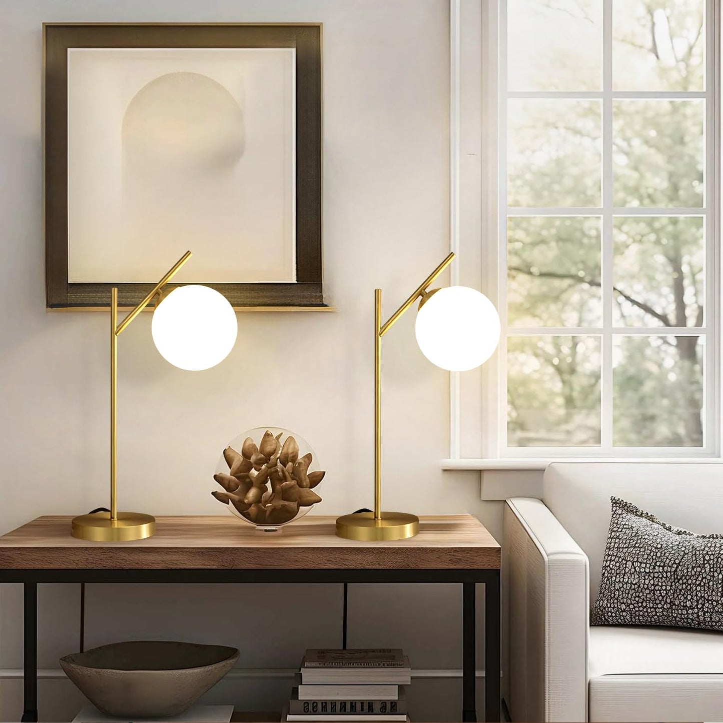 Fulesi Mid Century Modern Table Lamp, 1 Light Brass Glass Globe Bedside Lamp, Contemporary Metal Table Lamp with Milky White Glass shadefor Bedroom Living Room Study Room
