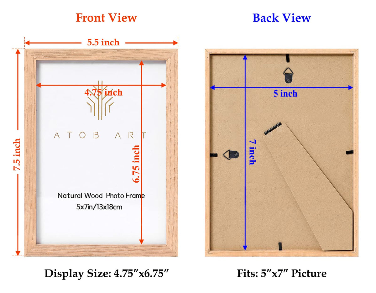 ATOBART 5x7 Oak Wood Picture Frames, 6 Pack Natural Wood Color Photo Frame with High Definition Glass for Wall Mount or Table Top Display