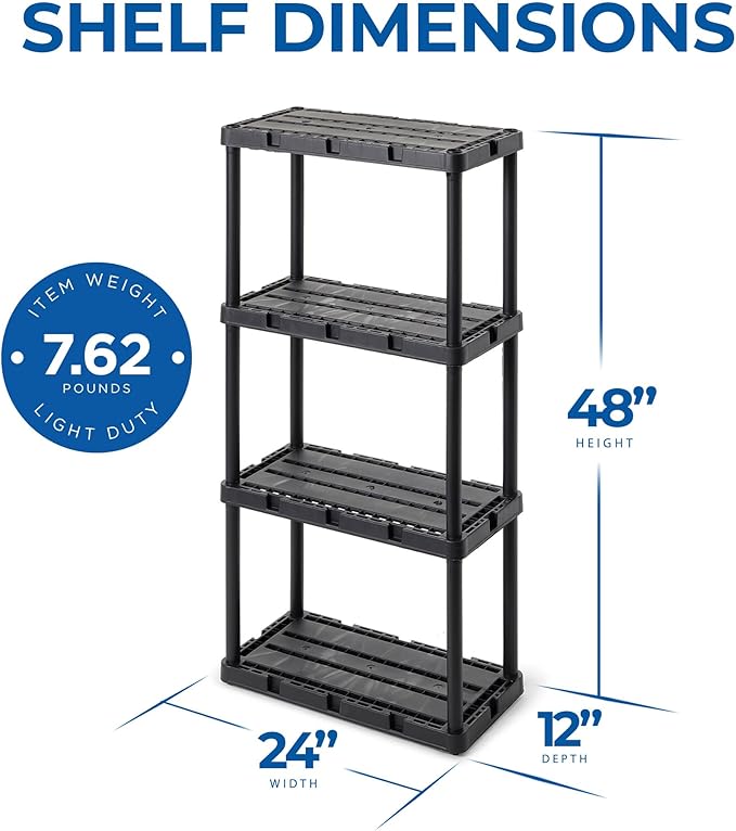 Gracious Living Light Duty Storage Shelves, Knect-A-Shelf 4-Shelf Ventilated Shelving Rack Organizer for Home, Garage, Basement & Laundry, Black