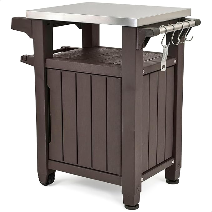 Keter Outdoor Grill Prep Table & Serving Cart, Stainless Steel Top, Unity, 40 Gal, Brown - Portable Bar Table and Cooking Accessory for Pool, Patio, Lawn, and Backyard