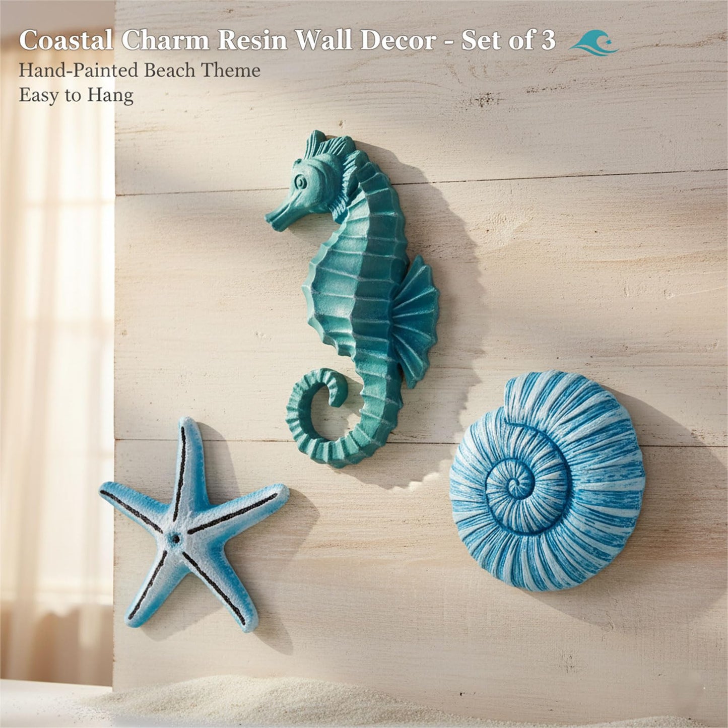 AIM & GGKK 3D Art Ocean Beach Wall Decor Coastal Decorations Sets with Starfish, Seahorse,Conch for Bedroom Bathroom Livingroom Beach House