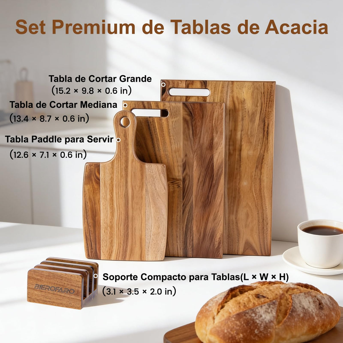 Acacia Wood Cutting Board Set of 3 with Stand – Kitchen & Charcuterie Serving Boards, Multi-Size Wooden Chopping Boards for Meat, Veggies & Fruit, Easy Clean & Space-Saving Display