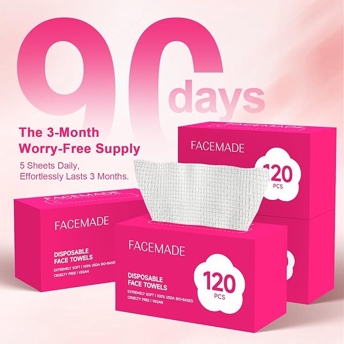 FACEMADE 480 Count Disposable Face Towels, 100% USDA Biobased Face Towelettes