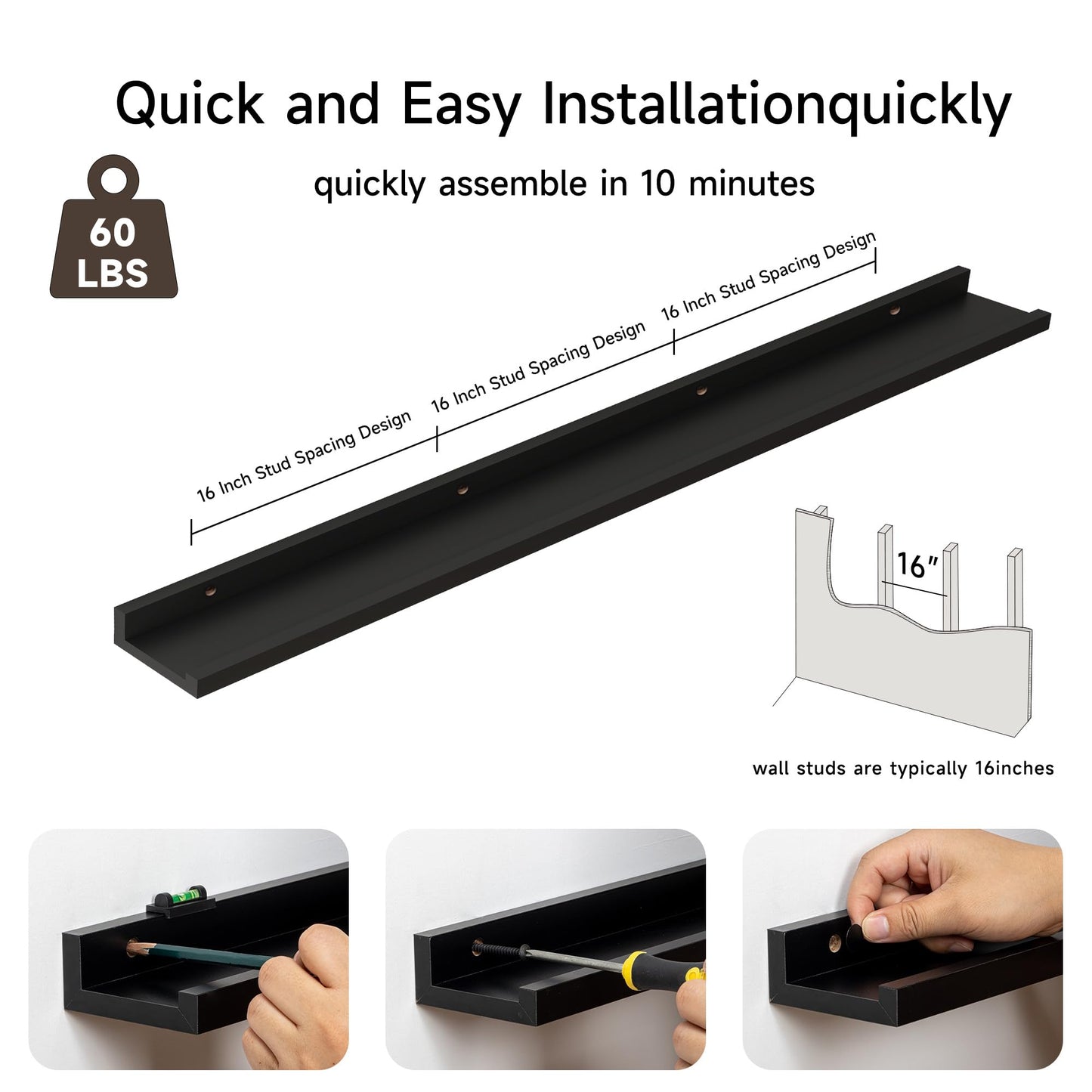 Floating Picture Ledge Shelves for Wall Set of 2, 55 Inches Picture Shelf with Ledge, Nursery Book Shelf for Toys Storage Kids Bookshelf Wall Mounted Living Room Bedroom Decor Frames, Black