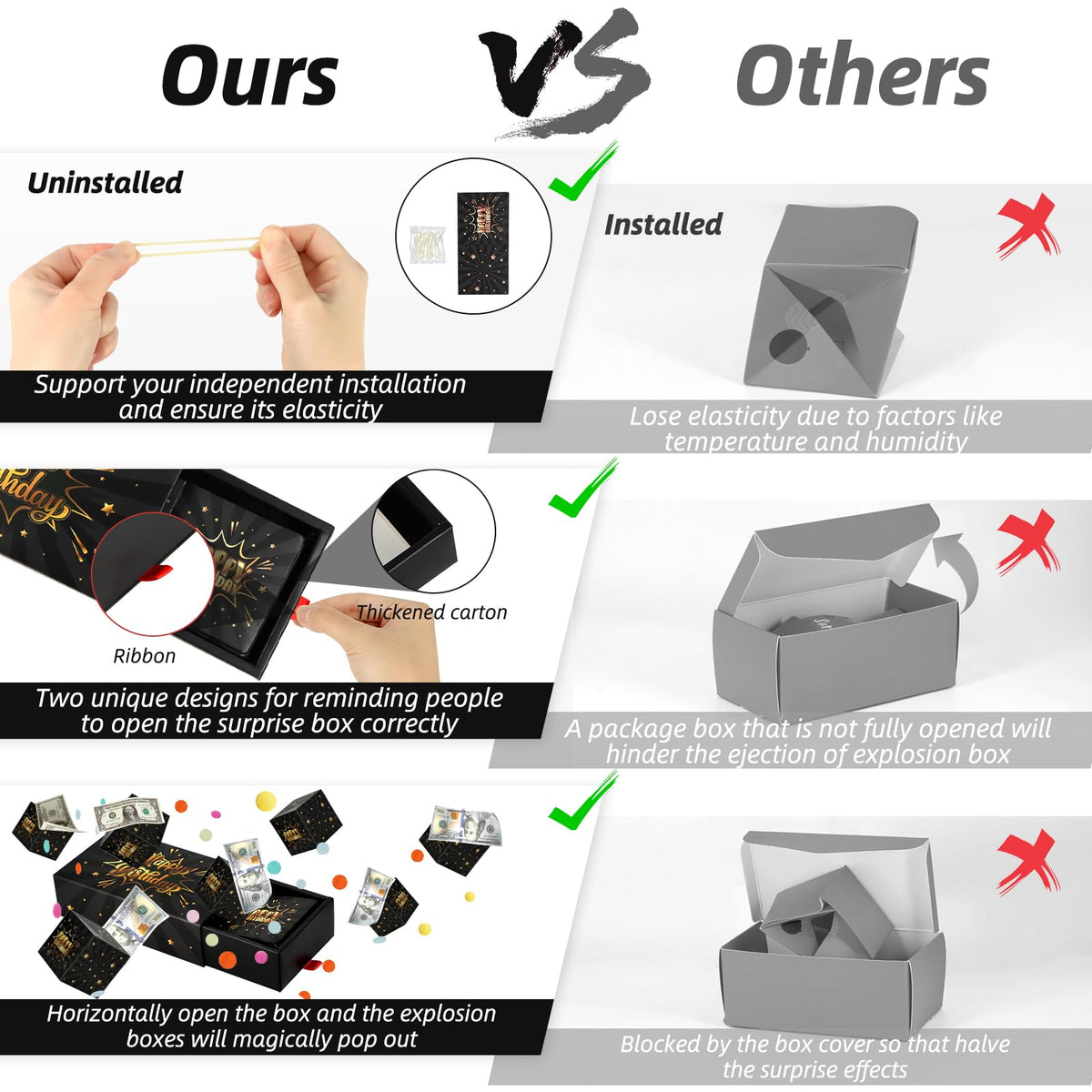 WenmthG Happy Birthday Surprise Gift Box Explosion for Money - DIY Pop Out Folding Bounce Explosion Gift Box with Confetti - Birthday Money Bank - Cash Gift Idea for Women Men Kids (Black Gold)