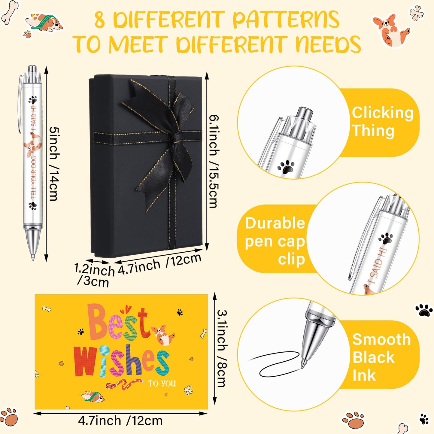 Sayglossy 8 Pcs Dog Lover Ballpoint Pens Retractable Black Ink Cartoon Dog Lover Pen with Black Gift Box and Greeting Card for Women Men Teacher Students Gifts Journaling School Office Supplies