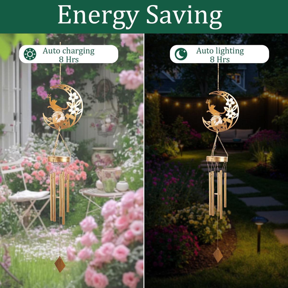 Moon Cat Wind Chime Outdoor 3-Chord, Handmade Metal Garden Wind Chimes with Cat Charms, Melodic Weatherproof Wind Bell for Patio Porch Decor, Unique Gift for Cat Lovers (Silver)
