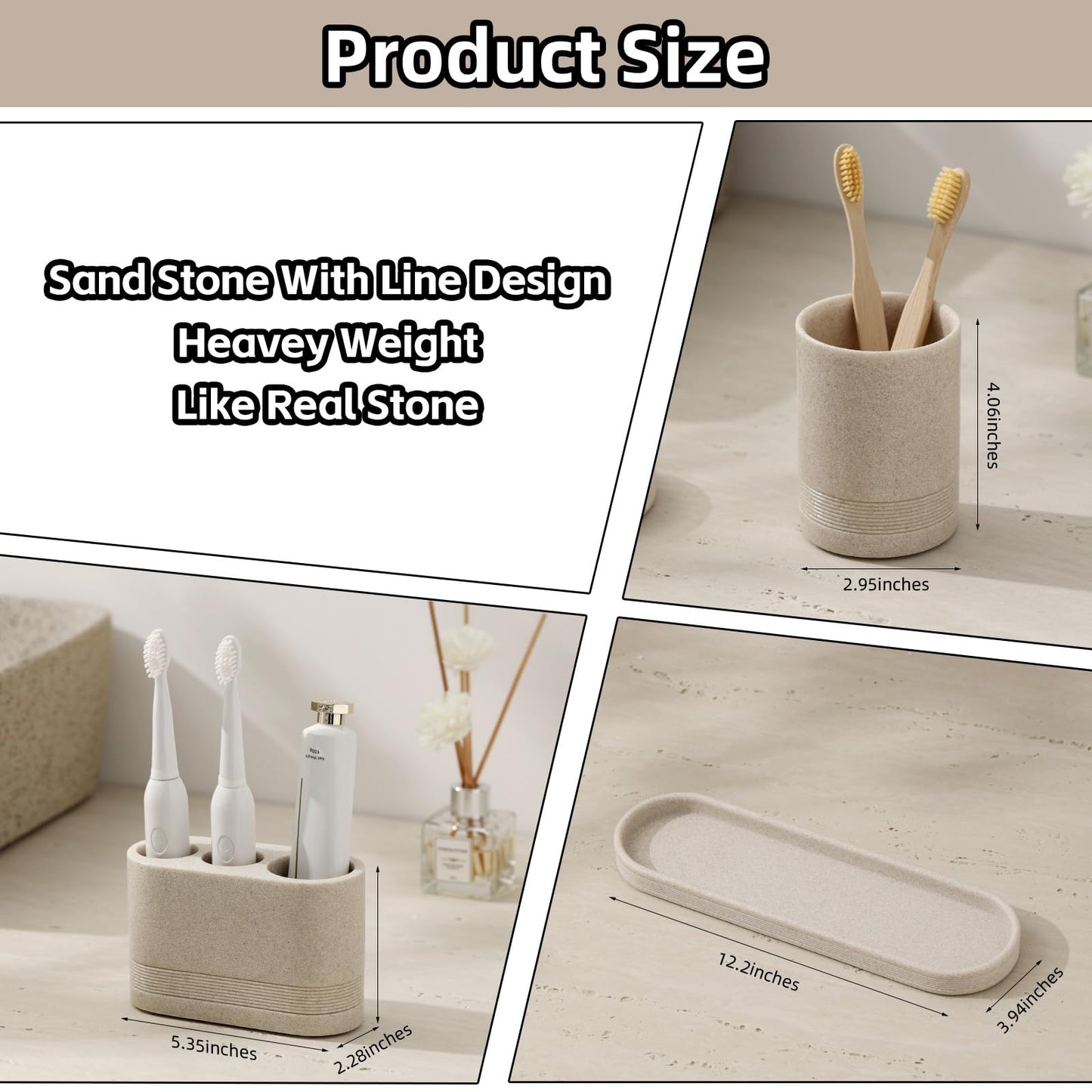 WUUAHOME Bathroom Accessories Set, 4 pcs Toothbrush Holders Set Included 3 Slots Electric Toothbrush and Toothpaste Holder Stand, 2 Tumblers & Tray for Bathroom Countertop Sink Modern Decor (Beige)