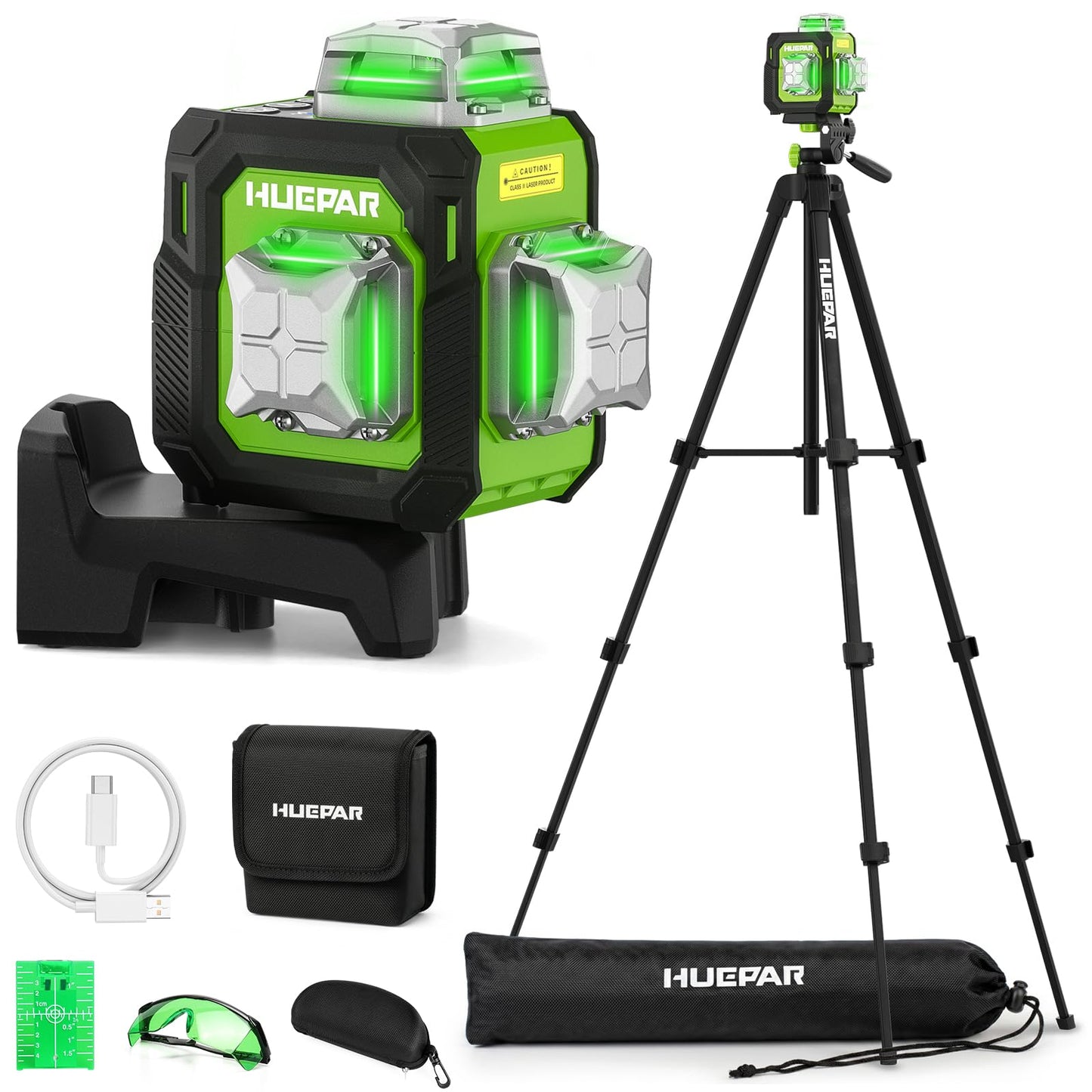 Huepar Laser Level 360° Self Leveling with 60" Tripod, New 3D, Smaller Size, Better Value, 3x360° Green Cross Line Laser Level 12 Lines, Rechargeablel Outdoor Pulse Mode, Tile, Cabinet, etc. ST03CGTP