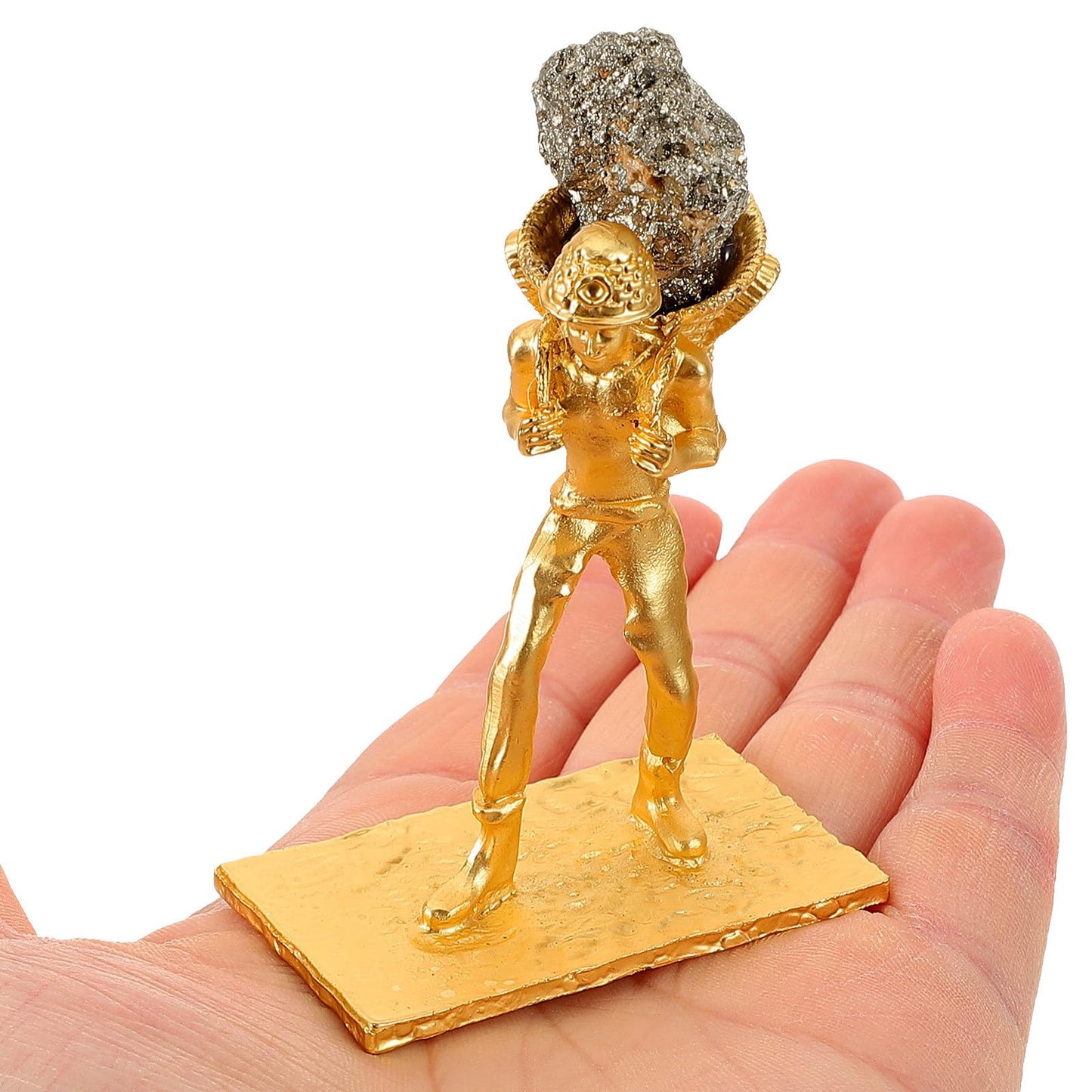 BESPORTBLE Mineral Cluster Ornament with Metal Miner Figurine and Back Basket, Irregular Raw Brass Ore Stone Craft for Home and Office Table Decoration