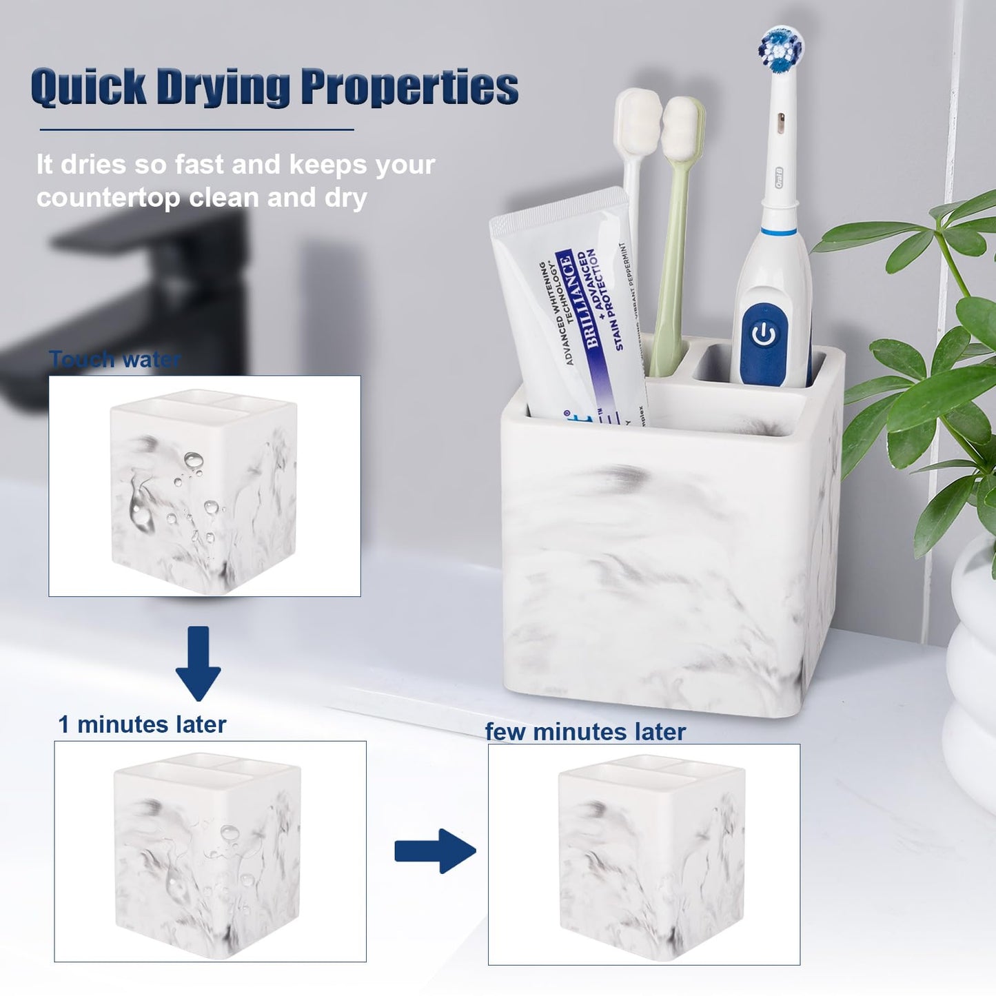 Diatomite Toothbrush Holders for Bathrooms, Electric Toothbrush and Toothpaste Holder Tooth Brush Organizer for Bathroom Countertop, Shower, Vanity - Marble White