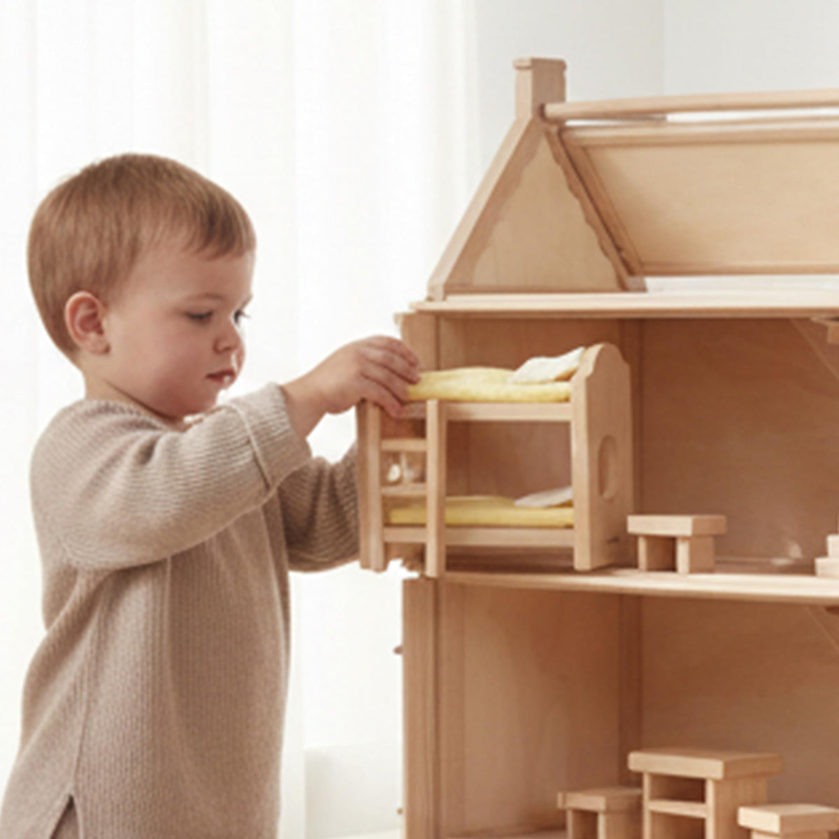 PlanToys® Wooden Children’s Room Classic Set for Montessori Small World Play | Creative Role Play and Social Interaction | Eco Friendly Wooden Dollhouse Bedroom Furniture for Imaginative Play
