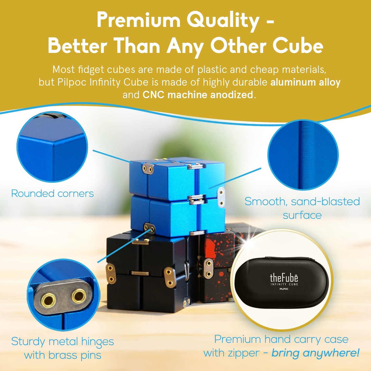 PILPOC theFube Infinity Cube Fidget Desk Toy - Premium Quality Aluminum Infinite Magic Cube with Exclusive Case, Sturdy, Heavy, Relieve Stress and Anxiety, for ADD, ADHD, OCD (Black)