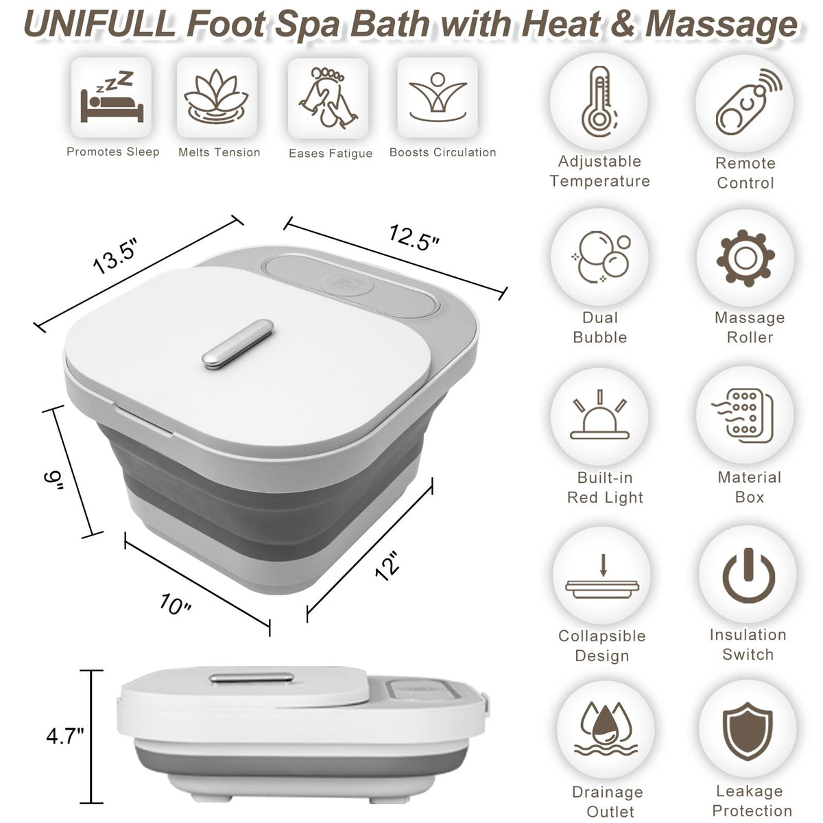UNIFULL Collapsible Foot Spa Bath with Heat and Massage Rollers, Bubble, Foot Pedicure Kit, Temperature Control, Red Light, Pedicure Foot Spa, Foot Bath