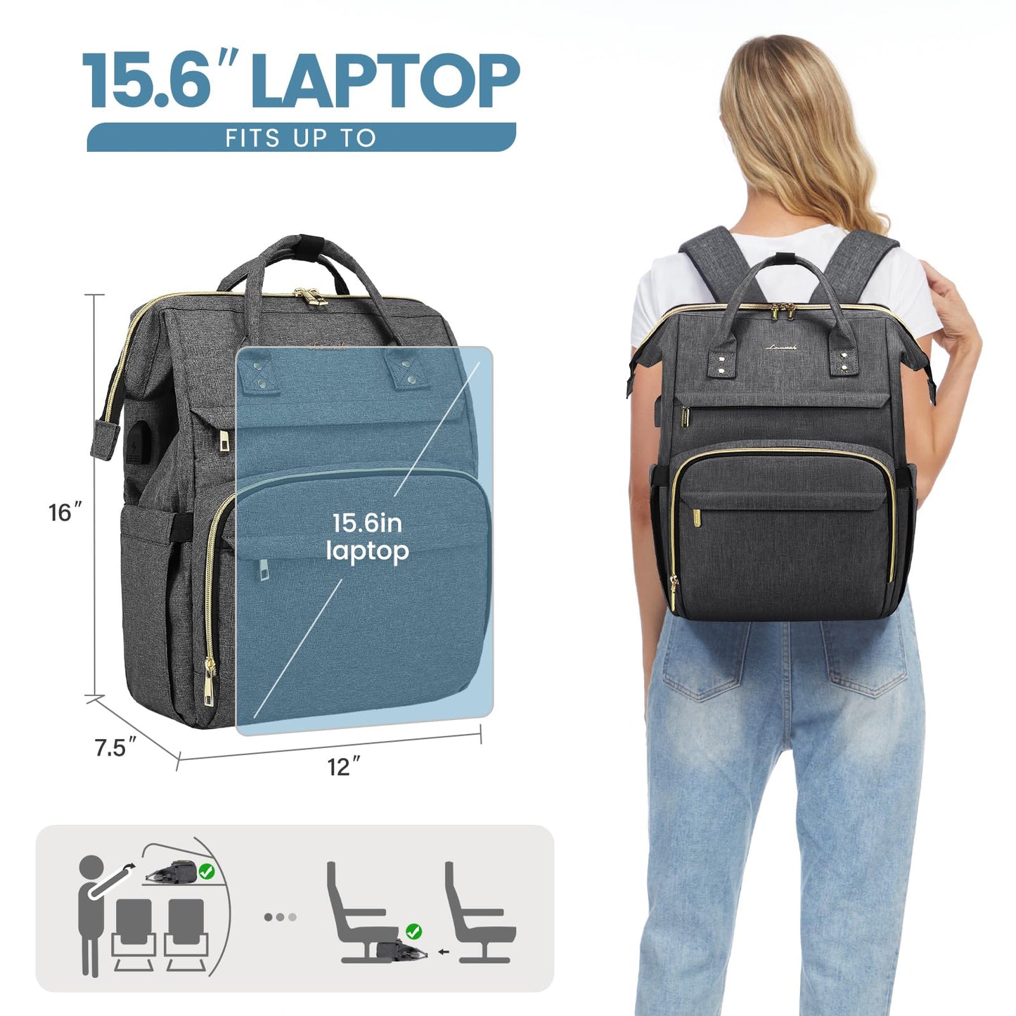 LOVEVOOK Laptop Bags for Women 15.6 Inch Rucksack Womens Waterproof School Backpack Fashion with USB Charging Port for Work College, Dark Gray