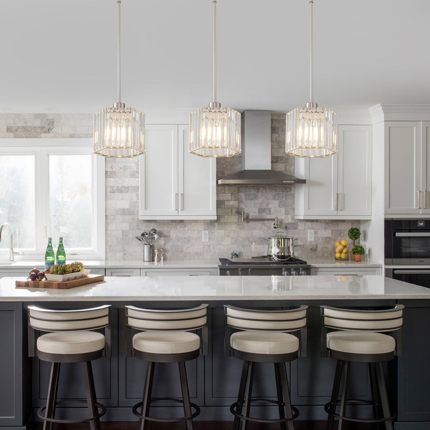 XSDeTu Brushed Nickel Pendant Light Fixtures, Modern Crystal Hanging Ceiling Light, 1-Light Mini Farmhouse Chandelier, Adjustable Hexagonal Island Lights for Kitchen, Dining Room, Bedroom, 2 Pcs