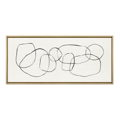 Kate and Laurel Sylvie Dancing Circles Framed Linen Textured Canvas Wall Art by Teju Reval of SnazzyHues, 18x40 Gold, Neutral Abstract Wall Decor
