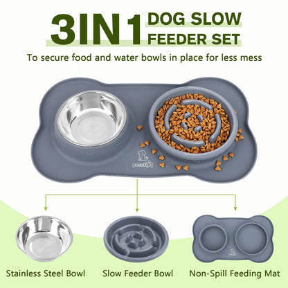 pecute Dog Bowls to Slow Down Eating, Slow Feeder Dog Bowl, Dog Slow Feeder Bowl Food-Grade Safe with Non-Slip Non-Spill Silicone Mat, Stainless Steel Slow Feeder Cat Bowl Interactive Fun for Dog Cat