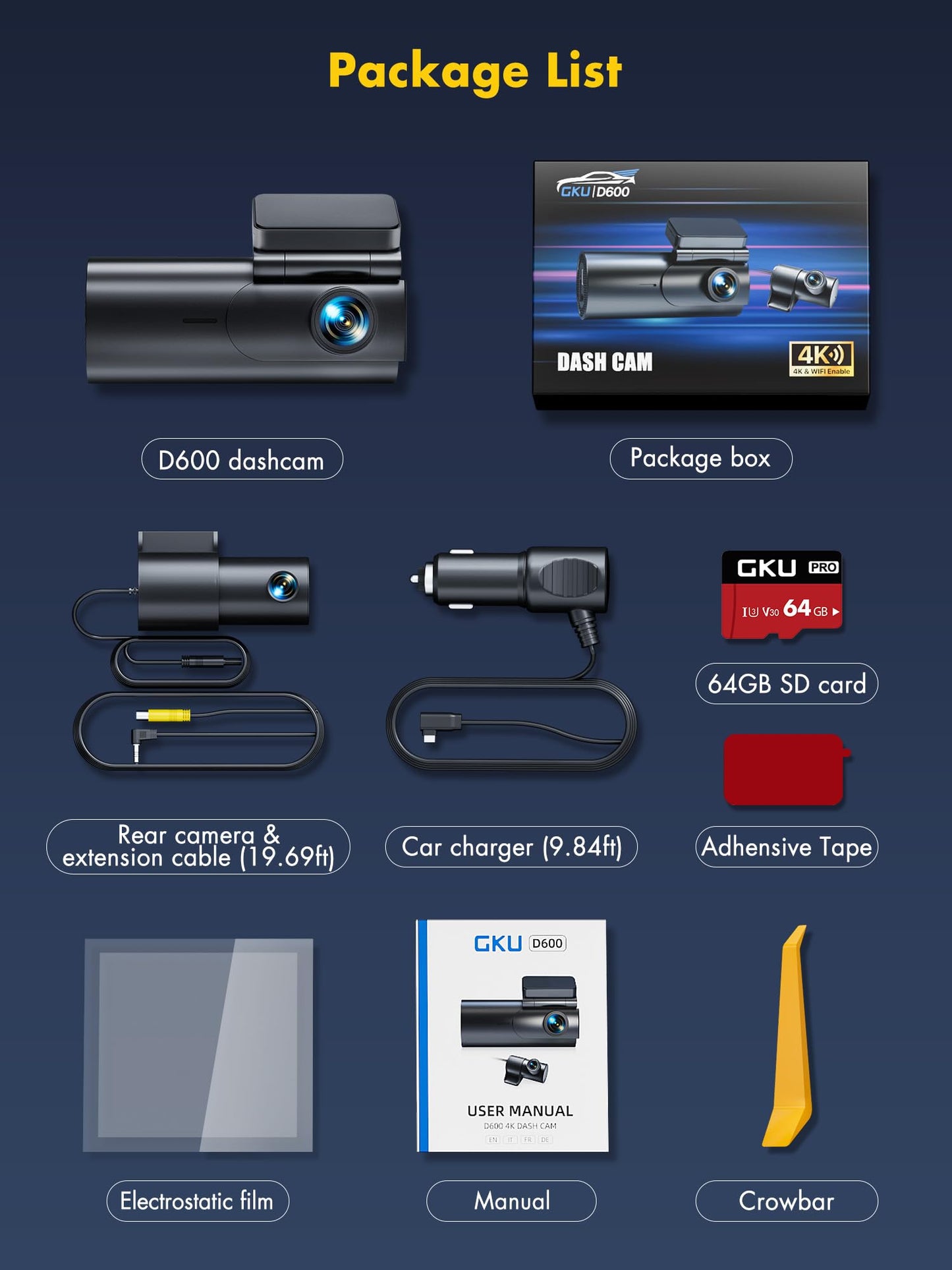 GKU 4K Dash Cam Front and Rear, 5GHz WiFi Dashcam with 64GB SD Card, Dual Car Camera Dash Cam with Parking Monitor, Night Vision, WDR, 170° Wide Angle, G-Sensor, Loop Recording, APP Control, Max 256GB