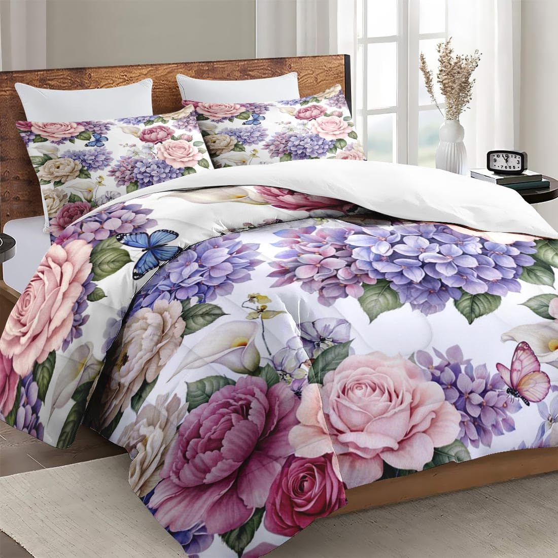 WeCozy Twin Size Comforter Set with Pillowcase, Painting Floral Rose Flower Hydrangea Soft 2 Pcs Bedding for Kids and Adults Bedroom Bed Decor