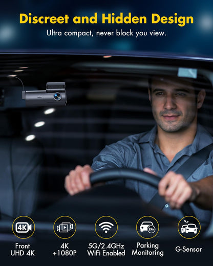 GKU 4K Dash Cam Front and Rear, 5GHz WiFi Dashcam with 64GB SD Card, Dual Car Camera Dash Cam with Parking Monitor, Night Vision, WDR, 170° Wide Angle, G-Sensor, Loop Recording, APP Control, Max 256GB