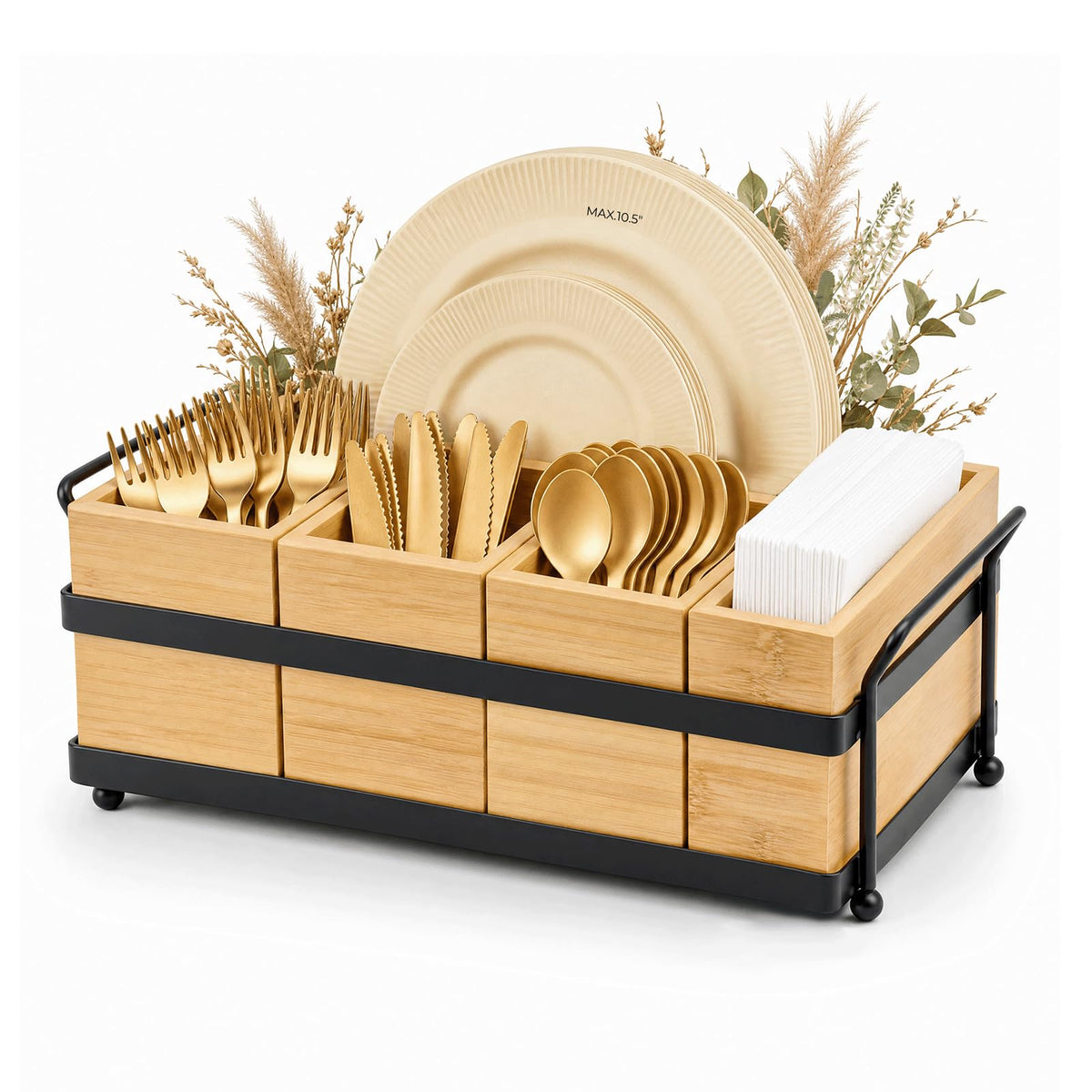 Eclove 5-in-1 Bamboo Utensil Caddy and Paper Plate Organizer - Wooden Silverware Caddy with Napkin Holder and Portable Handle - Flatware Organizer for Kitchen Countertop, Camper RV, Buffet Party