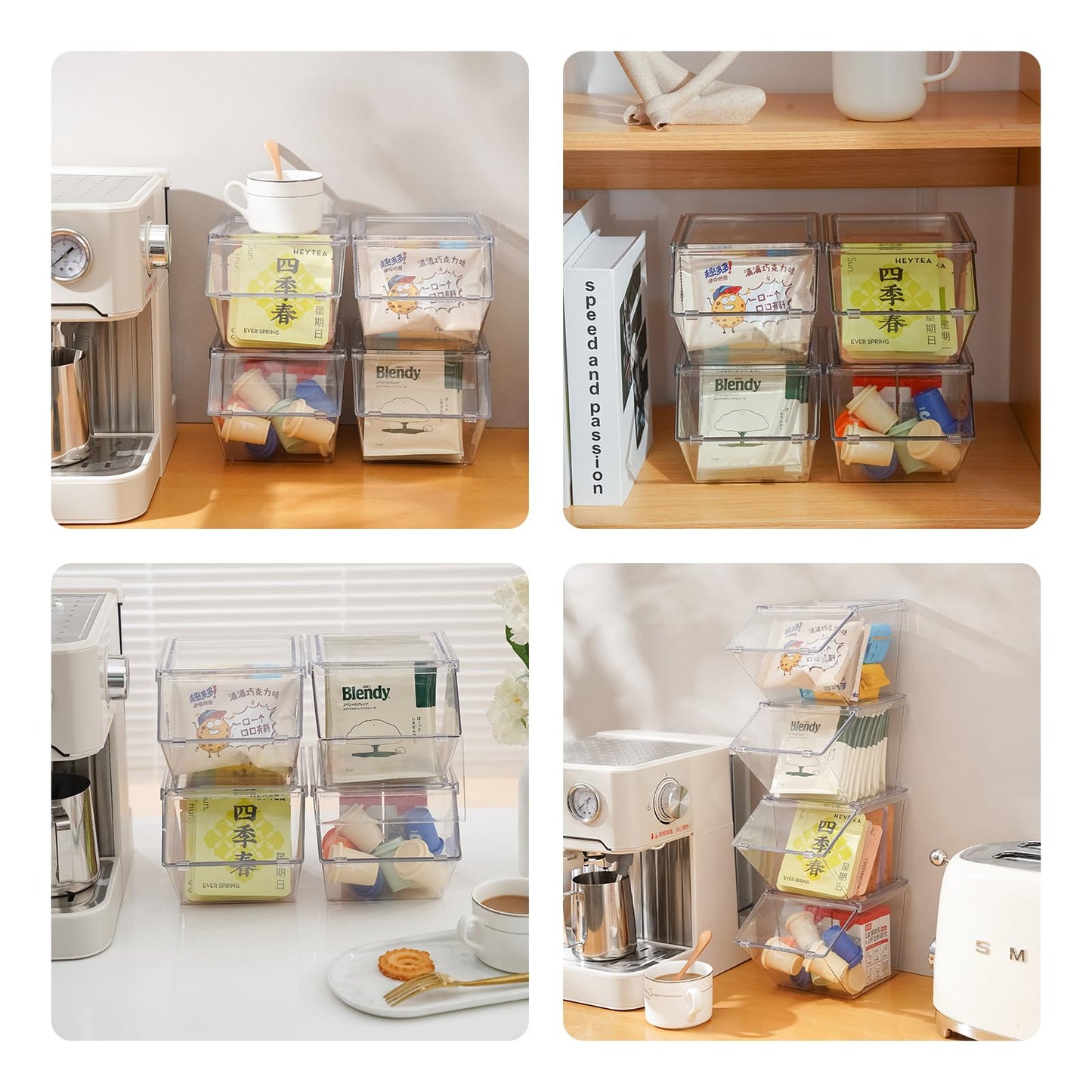 LLGWGL Stackable Tea-Bag Holder Organizer - Box Storage Organizer, Clear Coffee and Tea Organizer for Counter Tops, Kitchen Cabinets, Pantry, 2 Pack