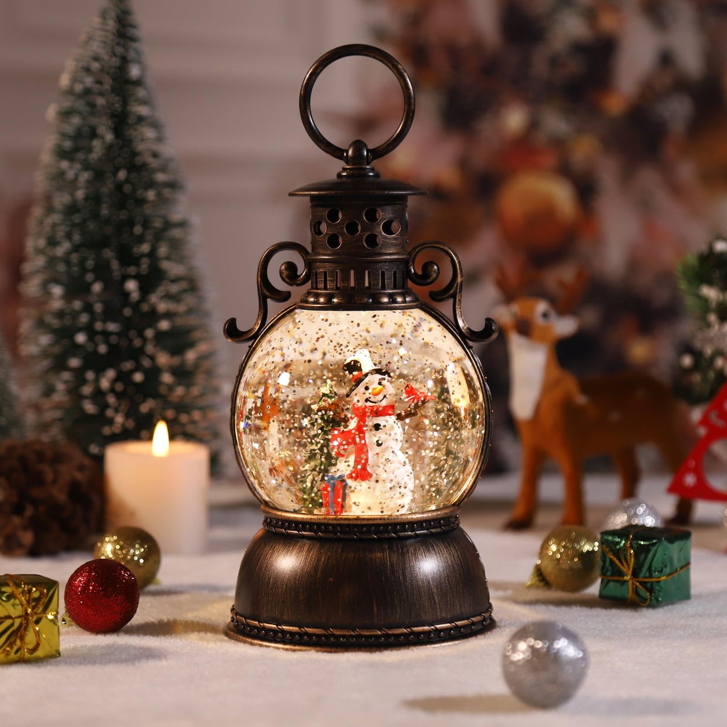 Christmas Snow Globe Glittering Christmas Music Box Snowman Christmas Trees with 8 Songs,Christmas Lantern for Indoor Holiday Party Gifts
