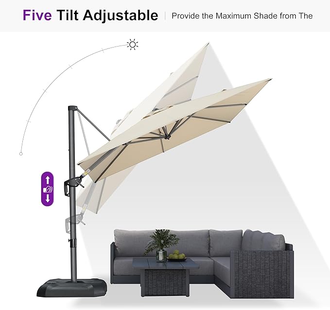 PURPLE LEAF 8 Feet Square Cantilever Umbrella Patio Umbrella with Base Outdoor Umbrella Aluminum with 360-degree Rotation for Garden Deck Pool Patio Beige