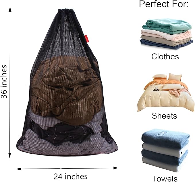 2 Pack Mesh Laundry Bags, 24 x 36 Inches Heavy Duty Drawstring Bag, Travel and