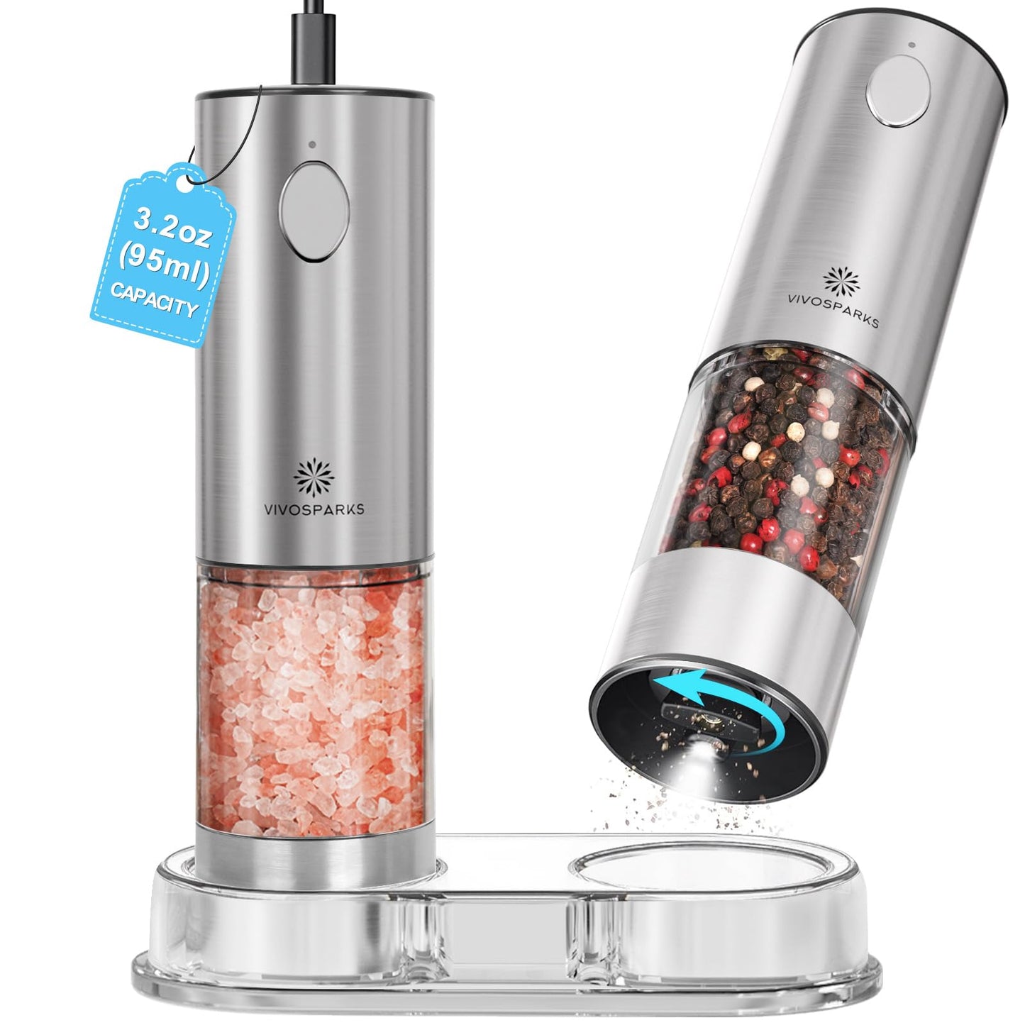 Electric Salt and Pepper Grinder Set, Upgraded 3.2oz (95ml) Large Capacity USB Rechargeable Mill with LED Light & 6 Adjustable Coarseness, Stainless Steel Shaker for Kitchen, BBQ, Gift Giving