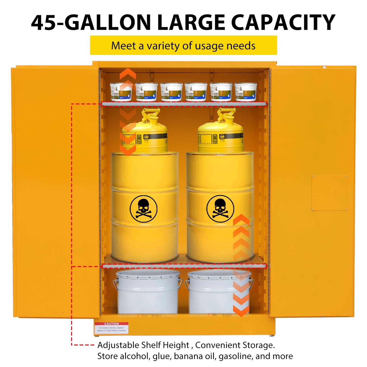 GarveeTech 45 Gallon Flammable Cabinet, 43" x 18" x 65" Galvanized Steel Safety Cabinet Fireproof Chemical Storage Cabinet with Double-Wall Steel, Lockable Manual-Close Doors for Lab Garage - Yellow